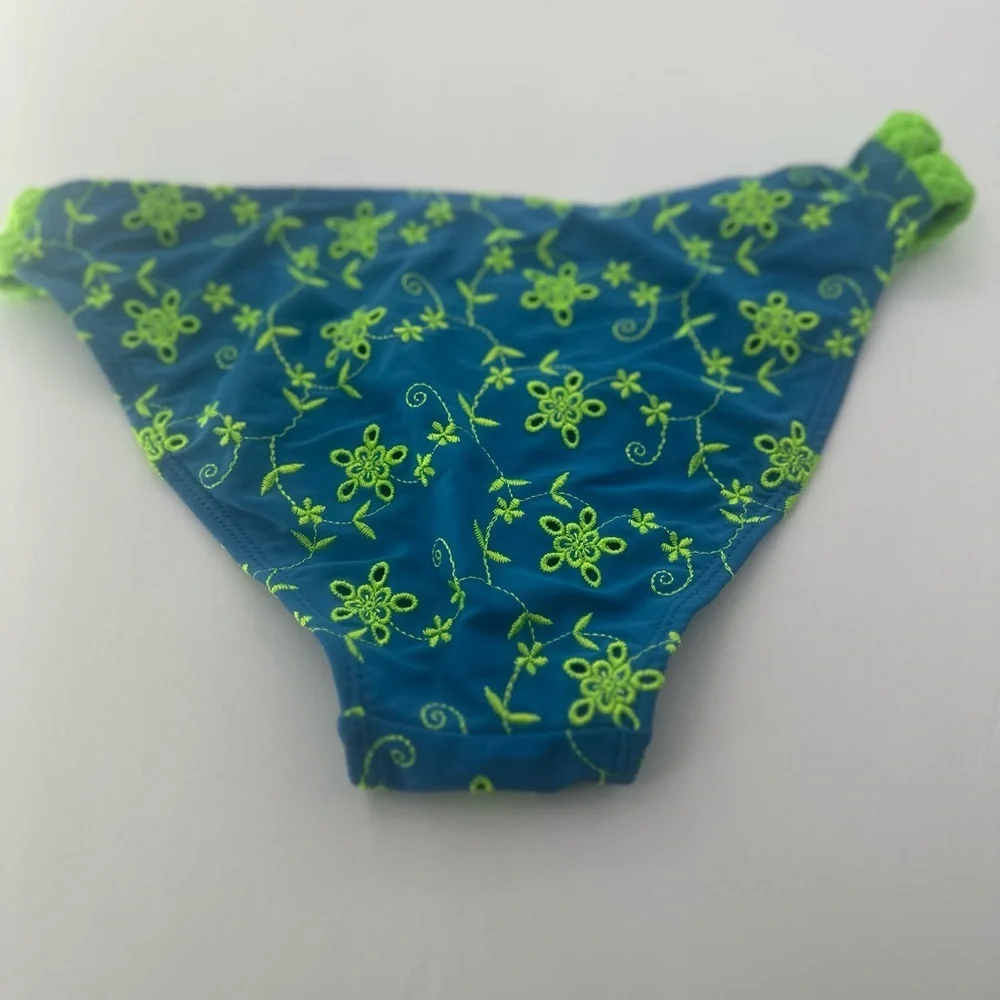 Blue Floral Embroidered Bikini Set with Neon Green Accents Size S